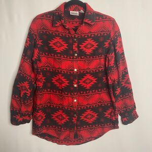 Chicos Designs Long Sleeve Button Up Top Red Black Southwestern Design Womens S